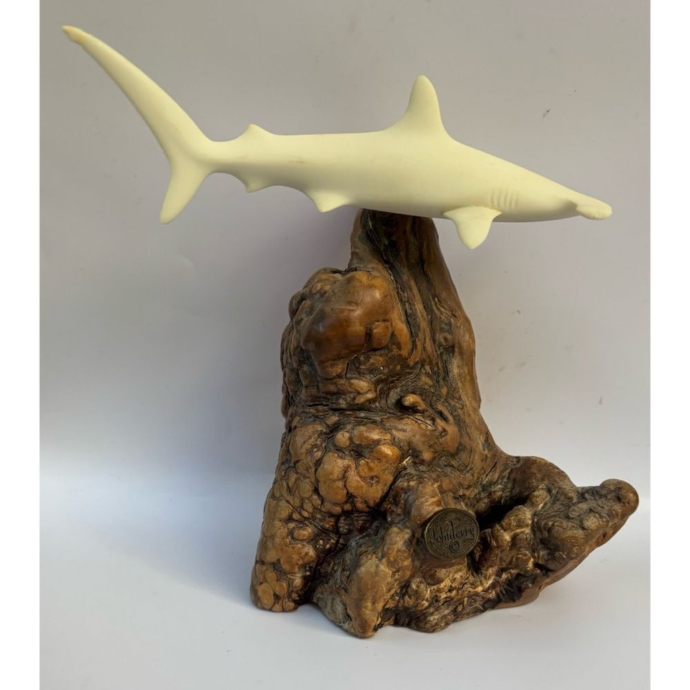 Vintage John Perry 1990 Hammerhead Shark Sculpture On Burlwood Base